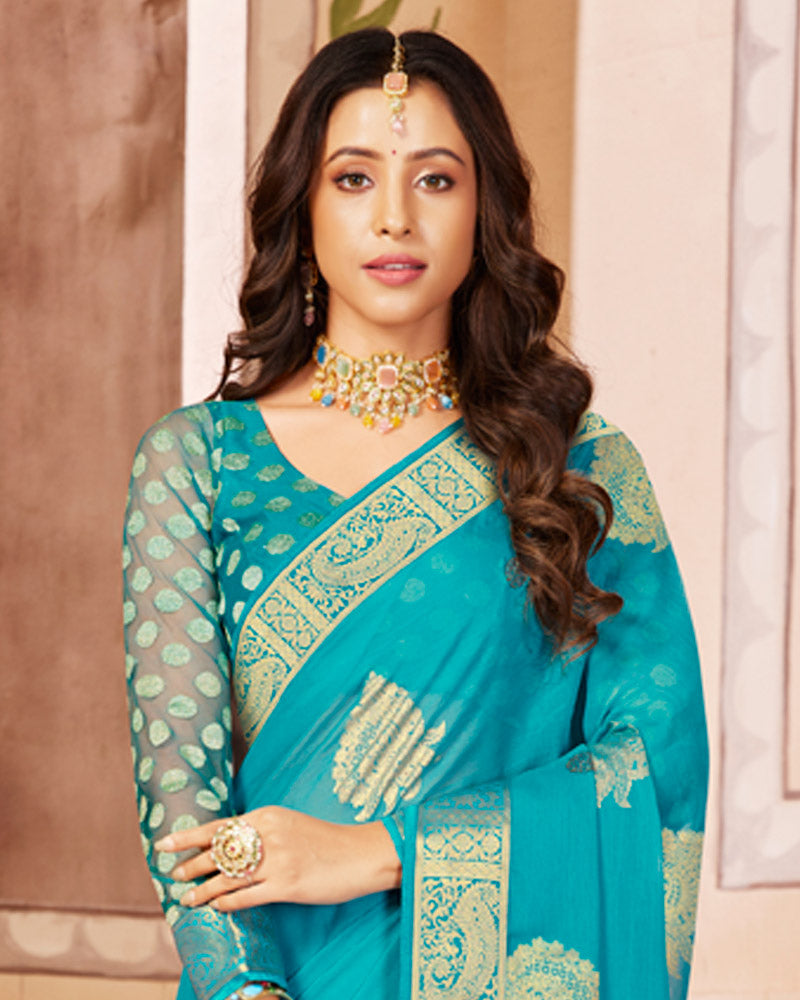 Vishal Prints Dark Turquoise Blue Chiffon Saree With Foil Print And Zari Border