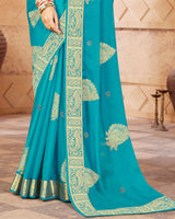 Vishal Prints Dark Turquoise Blue Chiffon Saree With Foil Print And Zari Border