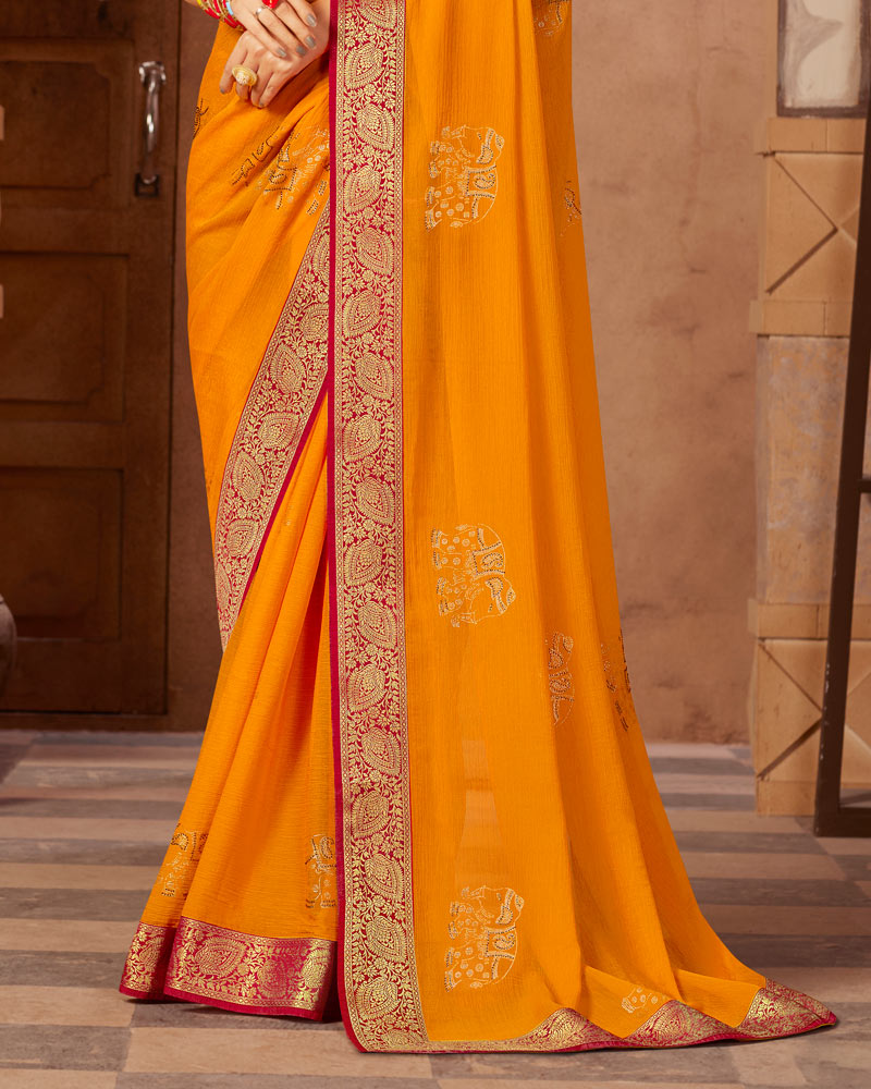 Vishal Prints Orange Chiffon Saree With Foil Print And Zari Border