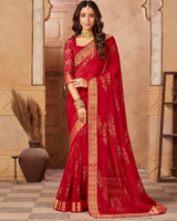 Vishal Prints Dark Red Chiffon Saree With Foil Print And Zari Border