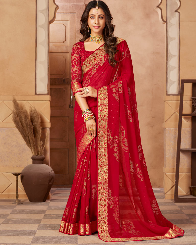 Vishal Prints Dark Red Chiffon Saree With Foil Print And Zari Border