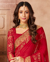 Vishal Prints Dark Red Chiffon Saree With Foil Print And Zari Border