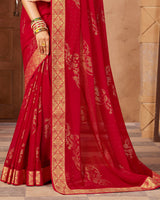 Vishal Prints Dark Red Chiffon Saree With Foil Print And Zari Border