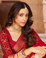 Vishal Prints Dark Red Chiffon Saree With Foil Print And Zari Border