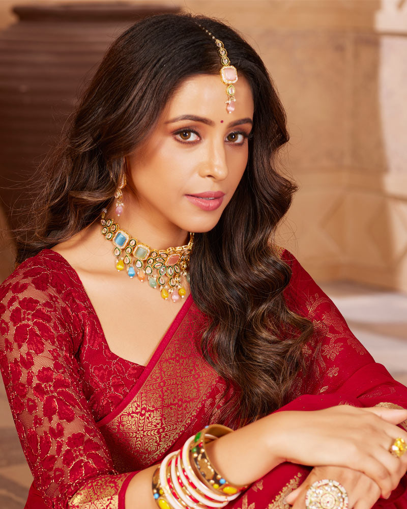 Vishal Prints Dark Red Chiffon Saree With Foil Print And Zari Border