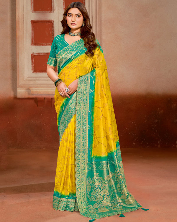 Vishal Prints Chrome Yellow Designer Satin-Silk Saree With Zari Weaving And Diamond Work With Tassel