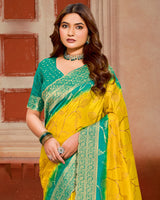 Vishal Prints Chrome Yellow Designer Satin-Silk Saree With Zari Weaving And Diamond Work With Tassel