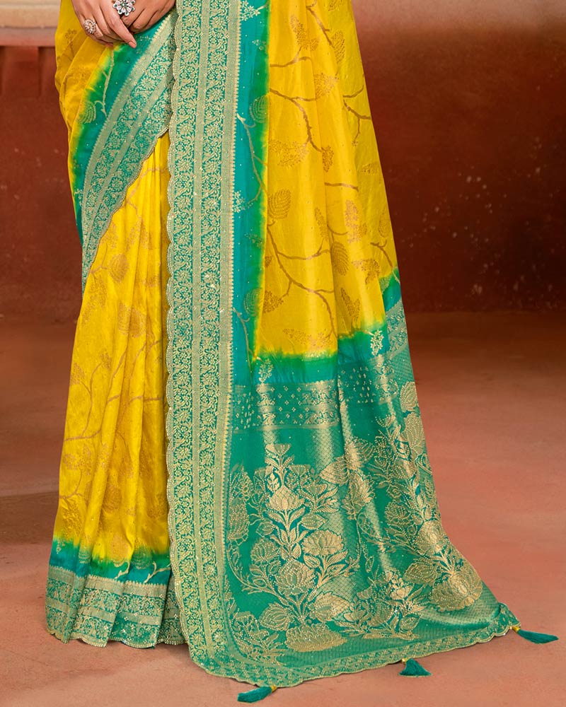 Vishal Prints Chrome Yellow Designer Satin-Silk Saree With Zari Weaving And Diamond Work With Tassel
