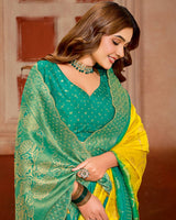 Vishal Prints Chrome Yellow Designer Satin-Silk Saree With Zari Weaving And Diamond Work With Tassel