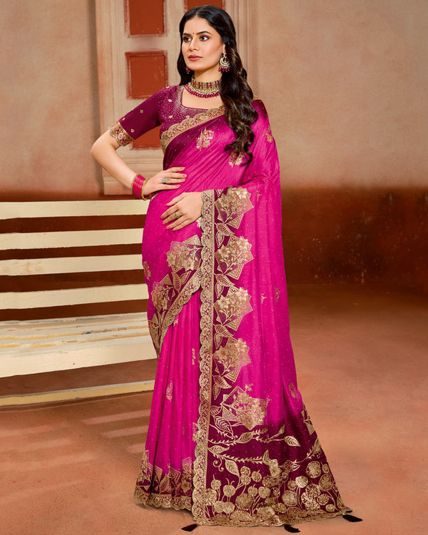 Vishal Prints Dark Hot Pink Designer Satin-Silk Saree With Zari Weaving And Diamond Work With Tassel