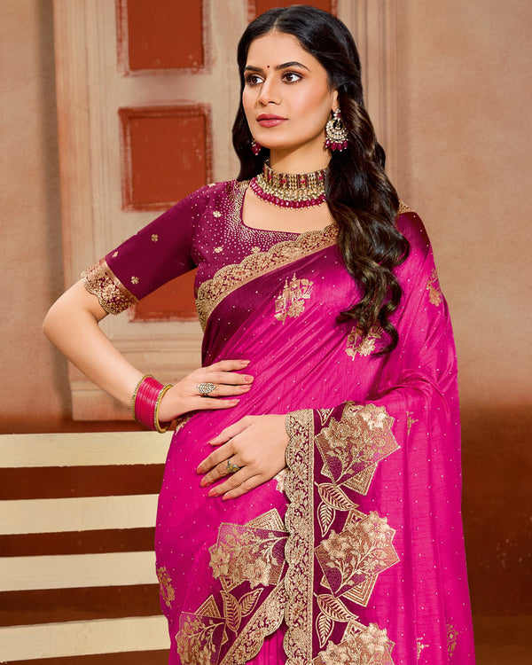 Vishal Prints Dark Hot Pink Designer Satin-Silk Saree With Zari Weaving And Diamond Work With Tassel
