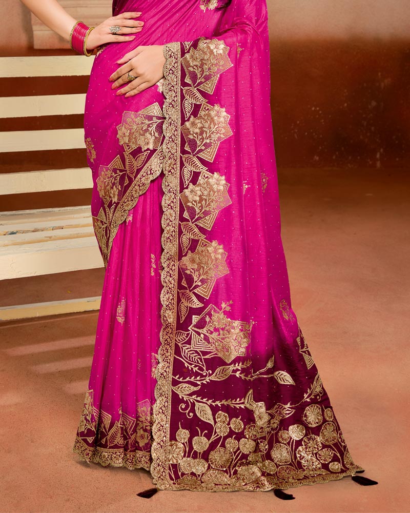 Vishal Prints Dark Hot Pink Designer Satin-Silk Saree With Zari Weaving And Diamond Work With Tassel
