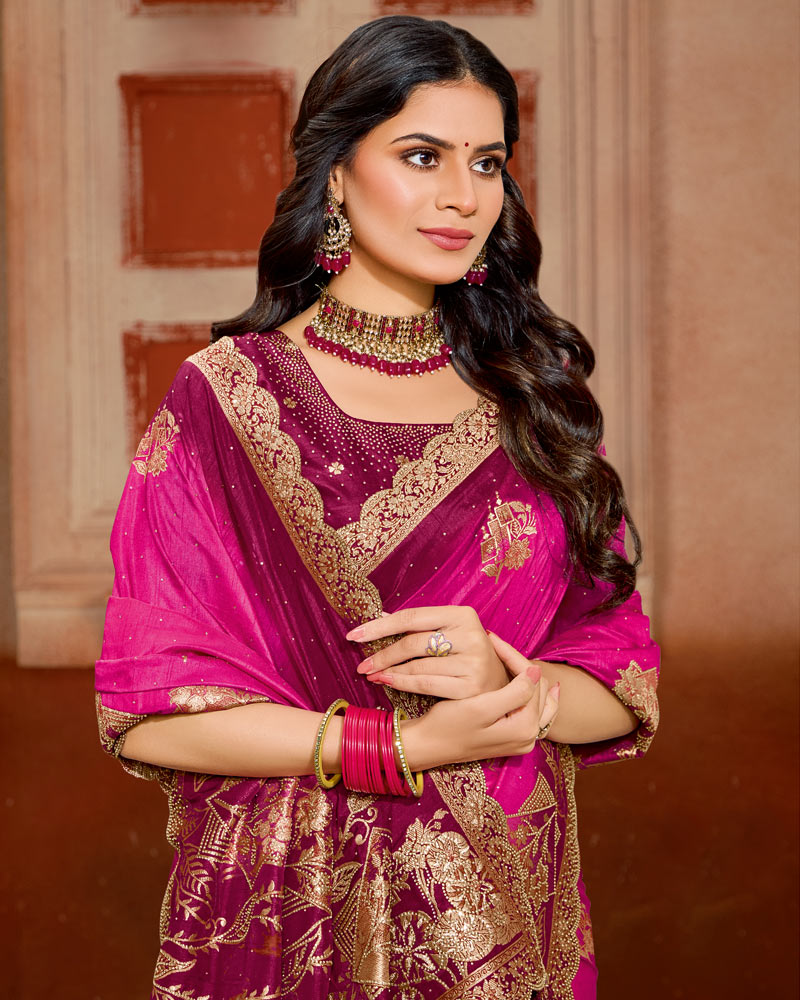 Vishal Prints Dark Hot Pink Designer Satin-Silk Saree With Zari Weaving And Diamond Work With Tassel
