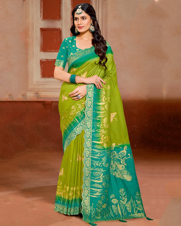 Vishal Prints Olive Green Designer Satin-Silk Saree With Zari Weaving And Diamond Work With Tassel