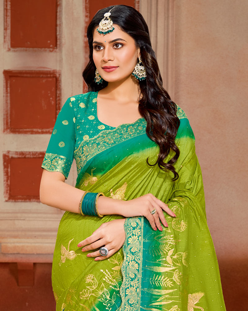 Vishal Prints Olive Green Designer Satin-Silk Saree With Zari Weaving And Diamond Work With Tassel