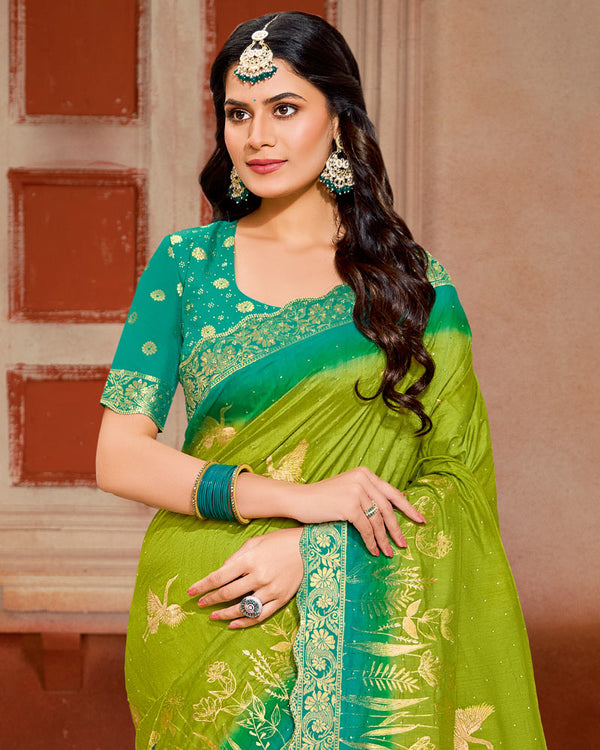Vishal Prints Olive Green Designer Satin-Silk Saree With Zari Weaving And Diamond Work With Tassel