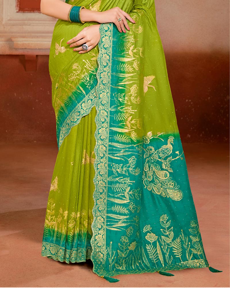 Vishal Prints Olive Green Designer Satin-Silk Saree With Zari Weaving And Diamond Work With Tassel