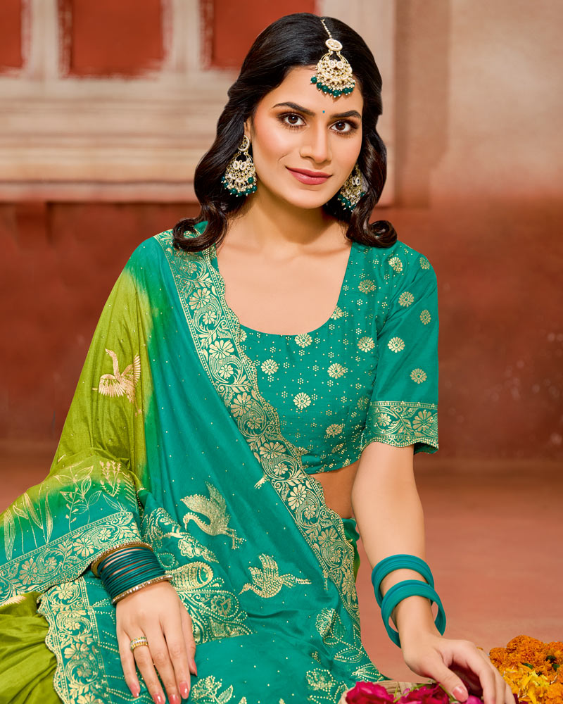 Vishal Prints Olive Green Designer Satin-Silk Saree With Zari Weaving And Diamond Work With Tassel