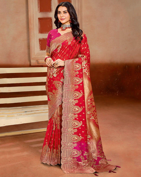 Vishal Prints Lava Red Designer Satin-Silk Saree With Zari Weaving And Diamond Work With Tassel