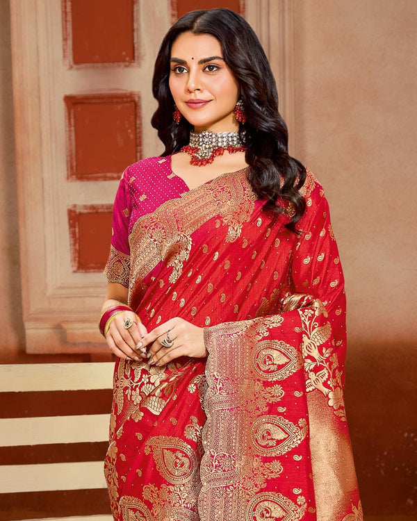 Vishal Prints Lava Red Designer Satin-Silk Saree With Zari Weaving And Diamond Work With Tassel