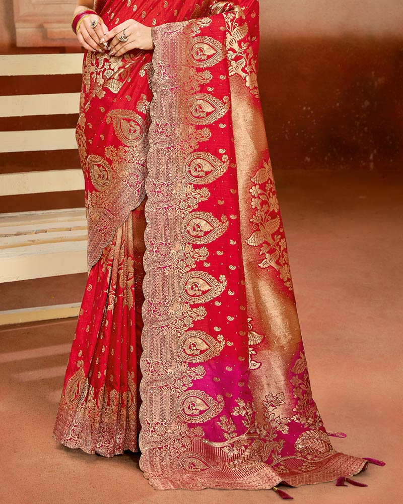 Vishal Prints Lava Red Designer Satin-Silk Saree With Zari Weaving And Diamond Work With Tassel