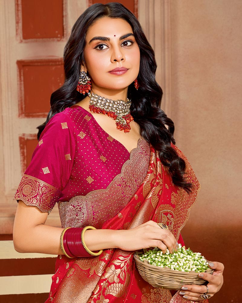 Vishal Prints Lava Red Designer Satin-Silk Saree With Zari Weaving And Diamond Work With Tassel