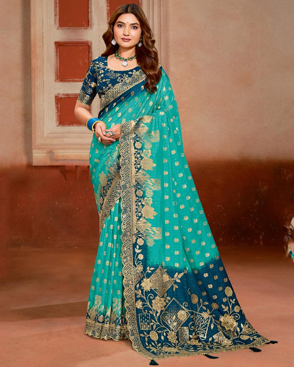 Vishal Prints Persian Green Designer Satin-Silk Saree With Zari Weaving And Diamond Work With Tassel
