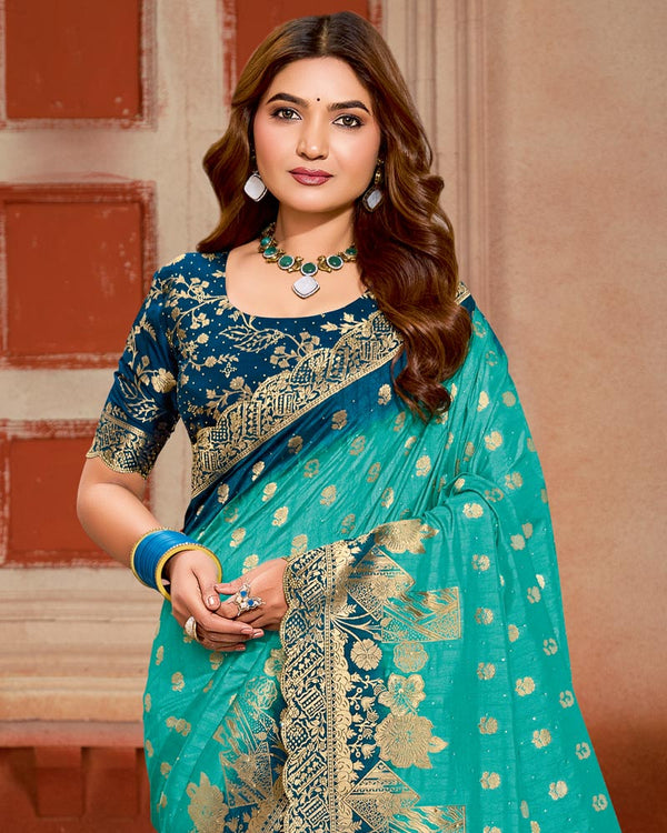 Vishal Prints Persian Green Designer Satin-Silk Saree With Zari Weaving And Diamond Work With Tassel