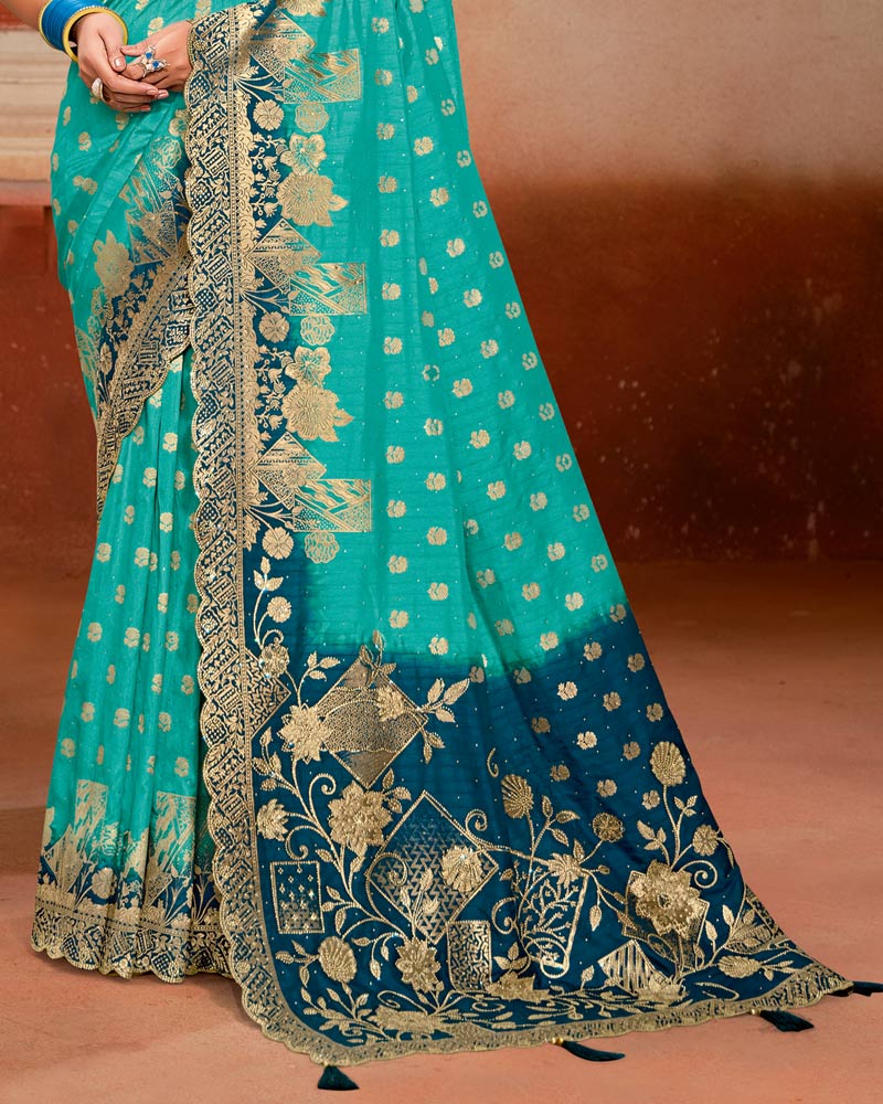 Vishal Prints Persian Green Designer Satin-Silk Saree With Zari Weaving And Diamond Work With Tassel