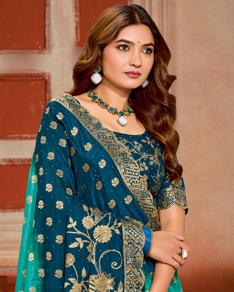 Vishal Prints Persian Green Designer Satin-Silk Saree With Zari Weaving And Diamond Work With Tassel