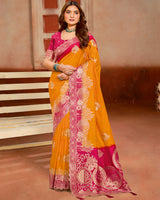 Vishal Prints Yellowish Orange Designer Satin-Silk Saree With Zari Weaving And Diamond Work With Tassel
