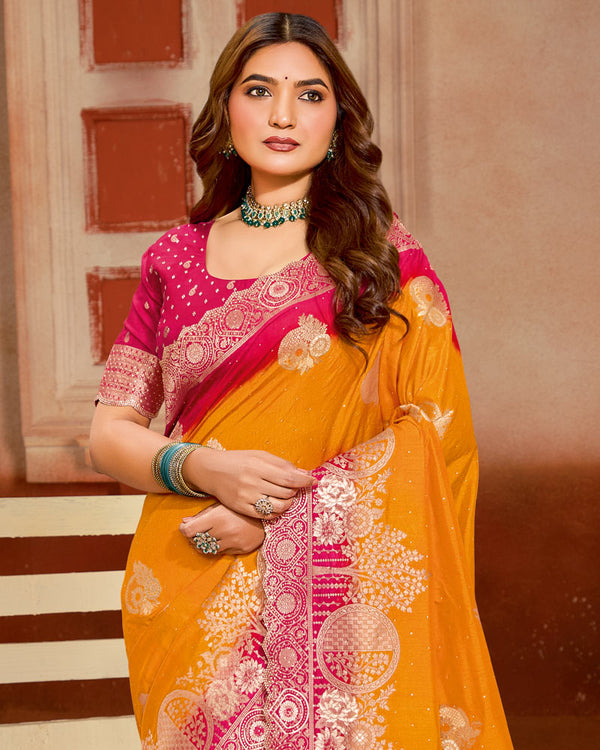 Vishal Prints Yellowish Orange Designer Satin-Silk Saree With Zari Weaving And Diamond Work With Tassel