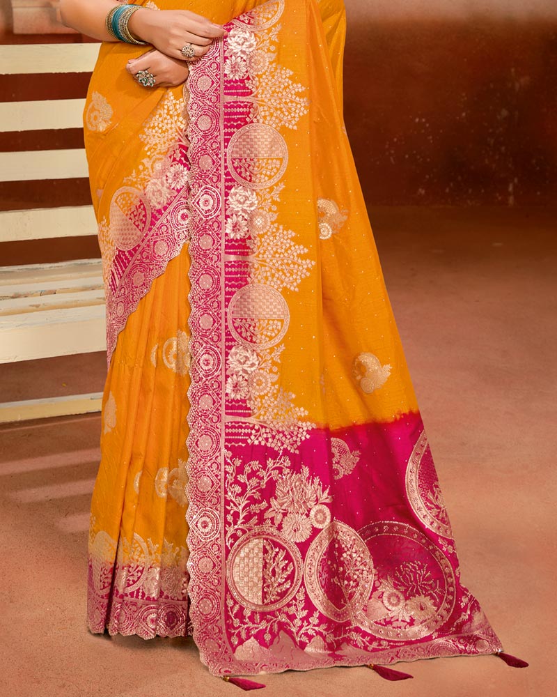 Vishal Prints Yellowish Orange Designer Satin-Silk Saree With Zari Weaving And Diamond Work With Tassel