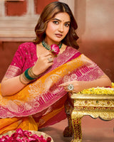 Vishal Prints Yellowish Orange Designer Satin-Silk Saree With Zari Weaving And Diamond Work With Tassel