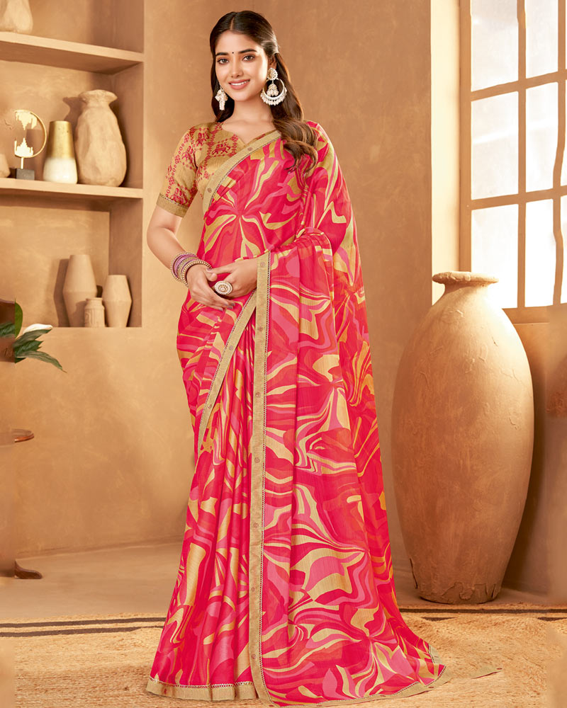 Vishal Prints Rosy Pink Printed Fancy Chiffon Saree With Fancy Border