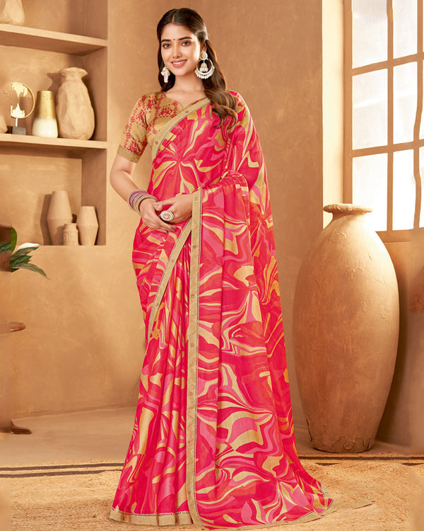 Vishal Prints Rosy Pink Printed Fancy Chiffon Saree With Fancy Border