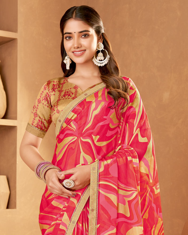Vishal Prints Rosy Pink Printed Fancy Chiffon Saree With Fancy Border