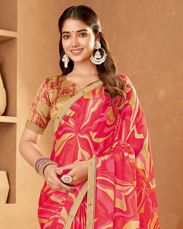 Vishal Prints Rosy Pink Printed Fancy Chiffon Saree With Fancy Border