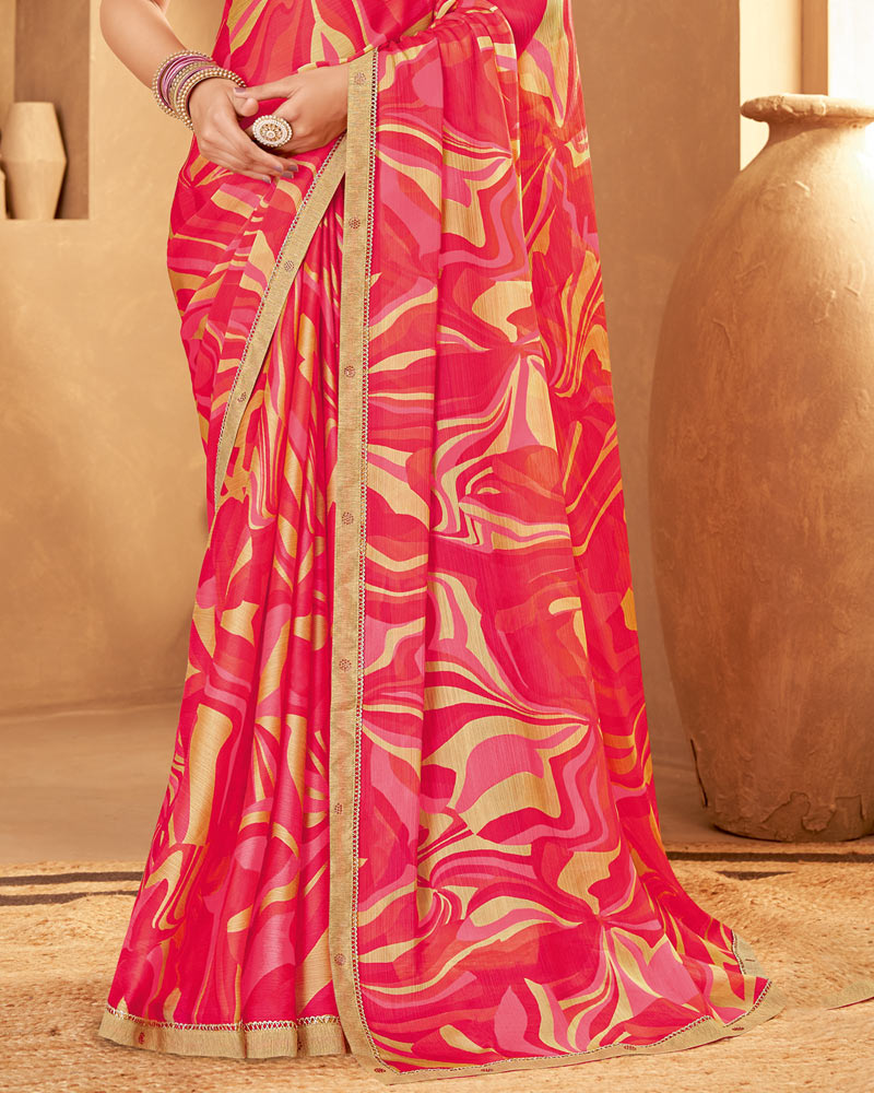Vishal Prints Rosy Pink Printed Fancy Chiffon Saree With Fancy Border
