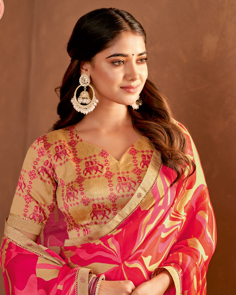 Vishal Prints Rosy Pink Printed Fancy Chiffon Saree With Fancy Border