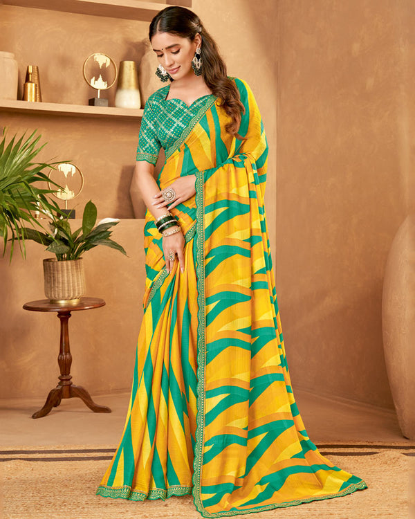 Vishal Prints Bright Yellow Printed Fancy Chiffon Saree With Cut Work Embroidery Border
