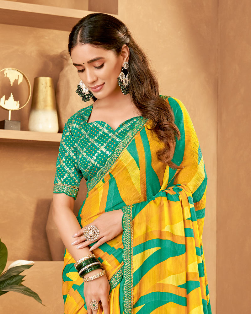 Vishal Prints Bright Yellow Printed Fancy Chiffon Saree With Cut Work Embroidery Border