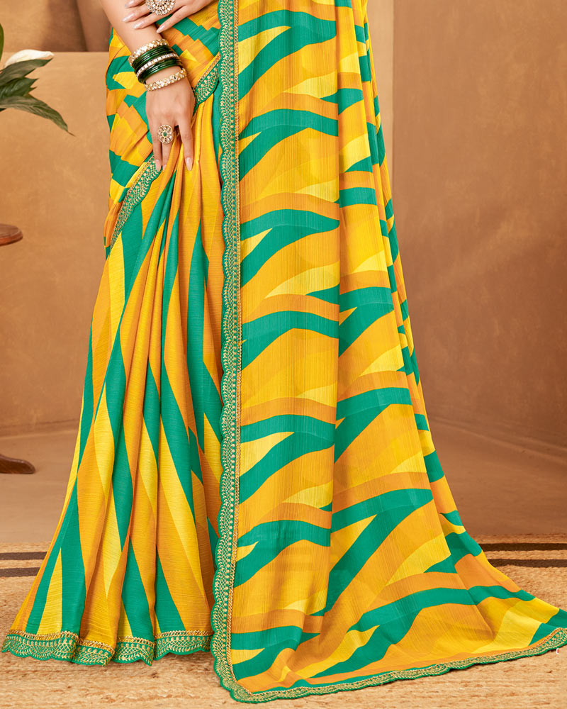 Vishal Prints Bright Yellow Printed Fancy Chiffon Saree With Cut Work Embroidery Border