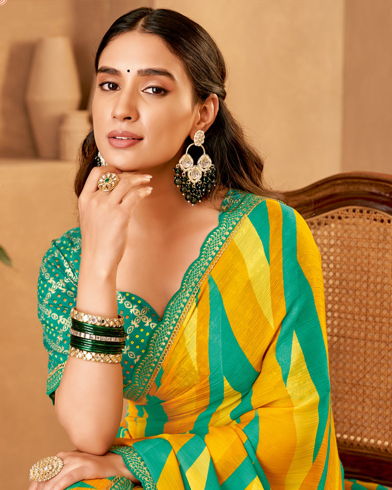 Vishal Prints Bright Yellow Printed Fancy Chiffon Saree With Cut Work Embroidery Border