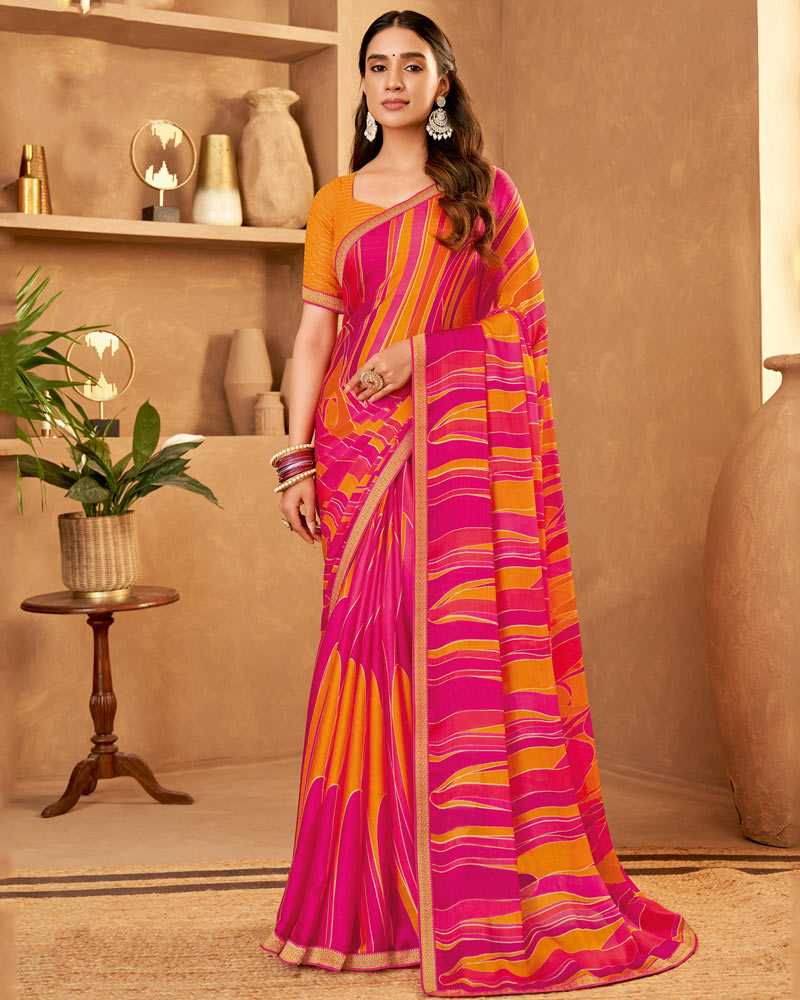 Vishal Prints Dark Hot Pink Printed Fancy Chiffon Saree With Zari Border