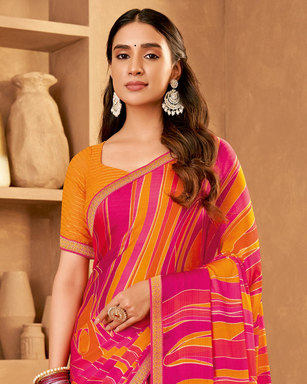 Vishal Prints Dark Hot Pink Printed Fancy Chiffon Saree With Zari Border