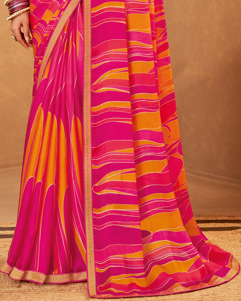 Vishal Prints Dark Hot Pink Printed Fancy Chiffon Saree With Zari Border
