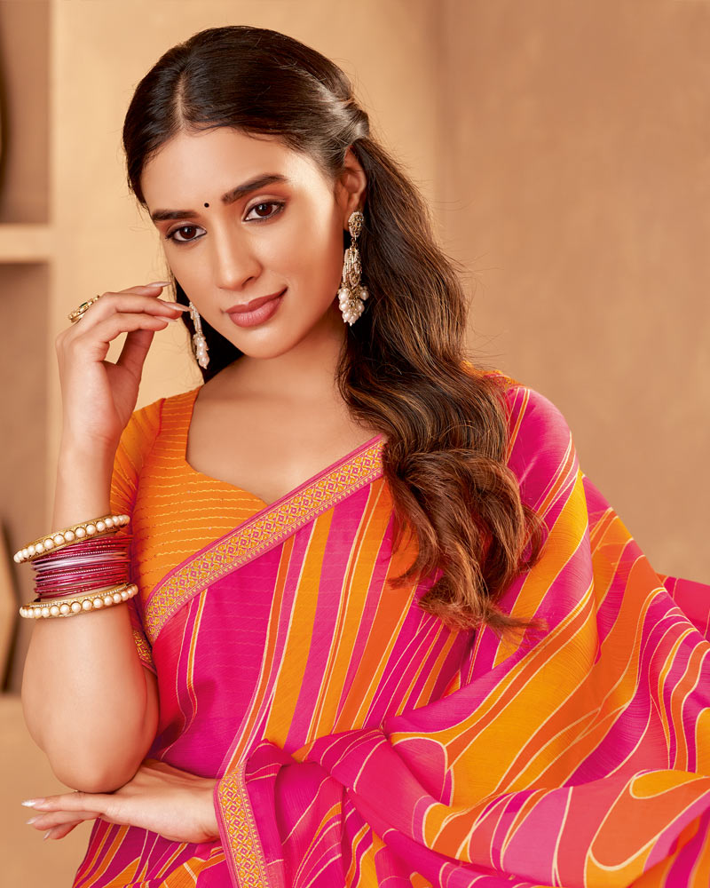 Vishal Prints Dark Hot Pink Printed Fancy Chiffon Saree With Zari Border