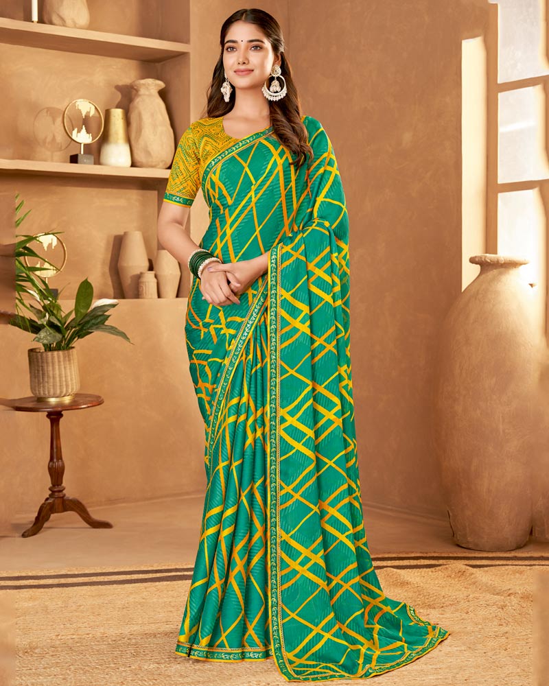 Vishal Prints Teal Green Printed Fancy Chiffon Saree With Fancy Border