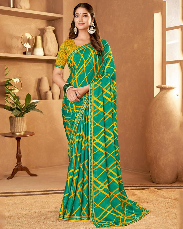 Vishal Prints Teal Green Printed Fancy Chiffon Saree With Fancy Border